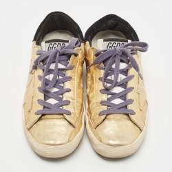 Pre Owned Golden Goose Gold Ostrich Embossed Leather Super Star Sneakers Size 35