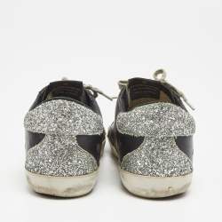 Golden Goose Black/Silver Leather and Coarse Glitter Superstar Low Top Sneakers Size 38