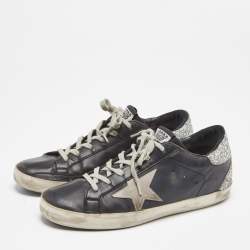 Golden Goose Black/Silver Leather and Coarse Glitter Superstar Low Top Sneakers Size 38