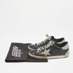 Golden Goose Black/Silver Leather and Coarse Glitter Superstar Low Top Sneakers Size 38