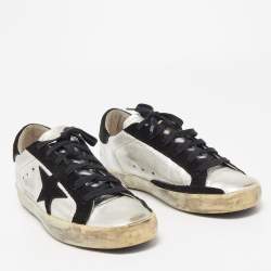 Pre Owned Golden Goose Silver/Black Leather and Suede Superstar Sneakers Size 38