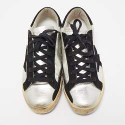 Pre Owned Golden Goose Silver/Black Leather and Suede Superstar Sneakers Size 38