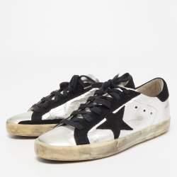 Pre Owned Golden Goose Silver/Black Leather and Suede Superstar Sneakers Size 38