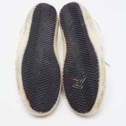 Pre Owned Golden Goose White/Green Leather and Coarse Glitter Superstar Sneakers Size 38