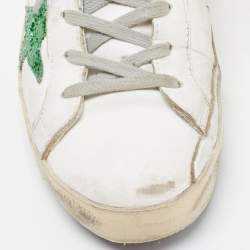 Pre Owned Golden Goose White/Green Leather and Coarse Glitter Superstar Sneakers Size 38