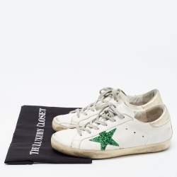 Pre Owned Golden Goose White/Green Leather and Coarse Glitter Superstar Sneakers Size 38