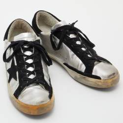 Golden Goose Metallic/Black Leather and Suede Superstar Sneakers Size 40