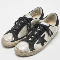 Pre Owned Golden Goose Silver/Black Leather Super Star Low Top Sneakers Size 39