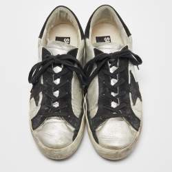 Pre Owned Golden Goose Silver/Black Leather Super Star Low Top Sneakers Size 39