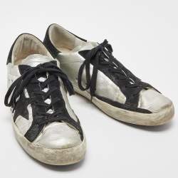 Pre Owned Golden Goose Silver/Black Leather Super Star Low Top Sneakers Size 39