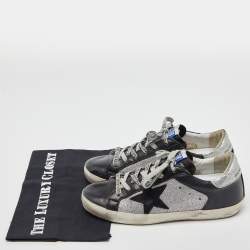 Pre Owned Golden Goose Black/Silver Leather and Glitter Superstar Sneakers Size 38