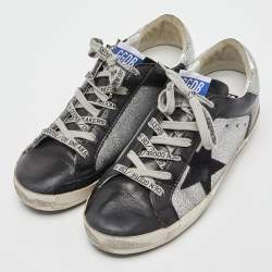 Pre Owned Golden Goose Black/Silver Leather and Glitter Superstar Sneakers Size 38