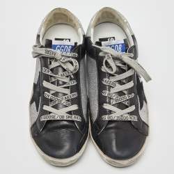 Pre Owned Golden Goose Black/Silver Leather and Glitter Superstar Sneakers Size 38