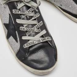 Pre Owned Golden Goose Black/Silver Leather and Glitter Superstar Sneakers Size 38