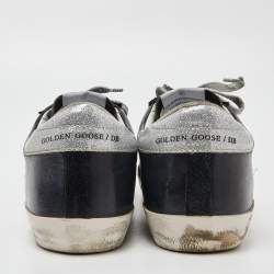 Pre Owned Golden Goose Black/Silver Leather and Glitter Superstar Sneakers Size 38
