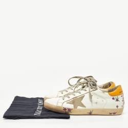 Pre Owned Golden Goose White Leather Floral Print Superstar Sneakers Size 38
