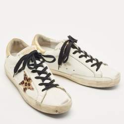 Pre Owned Golden Goose Deluxe Brand White White Metallic/White Leather Tab Leopard Star Superstar Sneakers 38