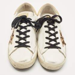 Pre Owned Golden Goose Deluxe Brand White White Metallic/White Leather Tab Leopard Star Superstar Sneakers 38