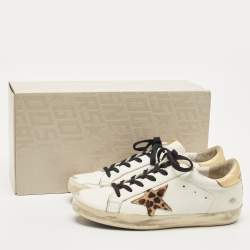 Pre Owned Golden Goose Deluxe Brand White White Metallic/White Leather Tab Leopard Star Superstar Sneakers 38