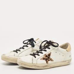 Pre Owned Golden Goose Deluxe Brand White White Metallic/White Leather Tab Leopard Star Superstar Sneakers 38