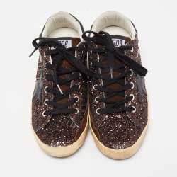Pre Owned Golden Goose Metallic Gold Glitter and Leather Superstar Sneakers Size 38