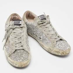 Pre Owned Golden Goose Grey/Silver Suede and Glitter Superstar Sneakers Size 40