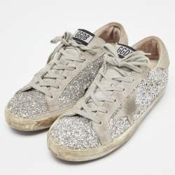 Pre Owned Golden Goose Grey/Silver Suede and Glitter Superstar Sneakers Size 40