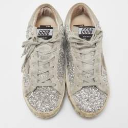 Pre Owned Golden Goose Grey/Silver Suede and Glitter Superstar Sneakers Size 40