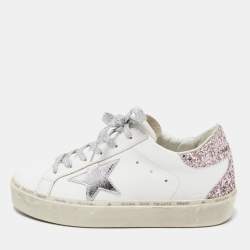 Pre Owned Golden Goose White/Pink Leather and Glitter Hi Star Sneakers Size 37