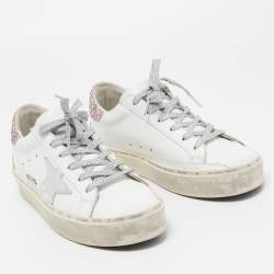 Pre Owned Golden Goose White/Pink Leather and Glitter Hi Star Sneakers Size 37