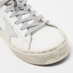 Pre Owned Golden Goose White/Pink Leather and Glitter Hi Star Sneakers Size 37
