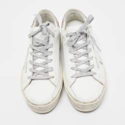 Pre Owned Golden Goose White/Pink Leather and Glitter Hi Star Sneakers Size 37