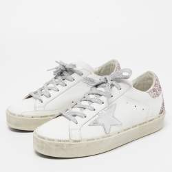 Pre Owned Golden Goose White/Pink Leather and Glitter Hi Star Sneakers Size 37