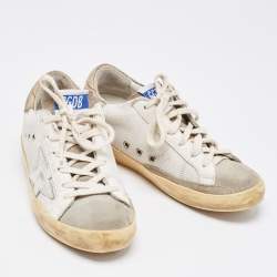 Pre Owned Golden Goose White/Grey Mesh and Suede Superstar Sneakers Size 36