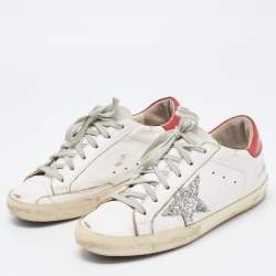 Golden Goose White/Red Leather and Coarse Glitter Superstar Sneakers Size 38