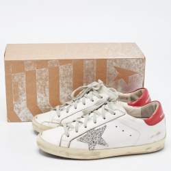 Golden Goose White/Red Leather and Coarse Glitter Superstar Sneakers Size 38