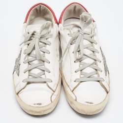 Golden Goose White/Red Leather and Coarse Glitter Superstar Sneakers Size 38