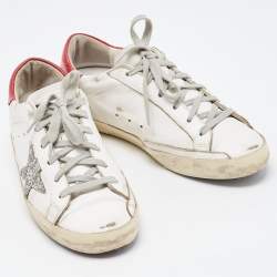 Golden Goose White/Red Leather and Coarse Glitter Superstar Sneakers Size 38