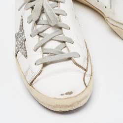 Golden Goose White/Red Leather and Coarse Glitter Superstar Sneakers Size 38