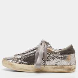 Pre Owned Golden Goose Metallic Silver Suede Superstar Low Top Sneakers Size 37