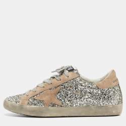 Pre Owned Golden Goose Silver/Beige Coarse Glitter and Suede Super-Star Sneakers Size 38