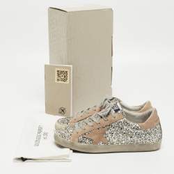 Pre Owned Golden Goose Silver/Beige Coarse Glitter and Suede Super-Star Sneakers Size 38