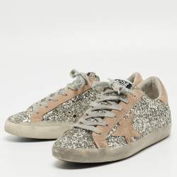 Pre Owned Golden Goose Silver/Beige Coarse Glitter and Suede Super-Star Sneakers Size 38