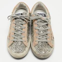 Pre Owned Golden Goose Silver/Beige Coarse Glitter and Suede Super-Star Sneakers Size 38