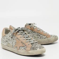Pre Owned Golden Goose Silver/Beige Coarse Glitter and Suede Super-Star Sneakers Size 38