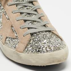 Pre Owned Golden Goose Silver/Beige Coarse Glitter and Suede Super-Star Sneakers Size 38