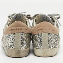 Pre Owned Golden Goose Silver/Beige Coarse Glitter and Suede Super-Star Sneakers Size 38