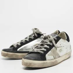 Pre Owned Golden Goose Silver/Black Leather Super-Star Sneakers Size 38