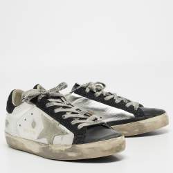 Pre Owned Golden Goose Silver/Black Leather Super-Star Sneakers Size 38