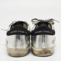 Pre Owned Golden Goose Silver/Black Leather Super-Star Sneakers Size 38